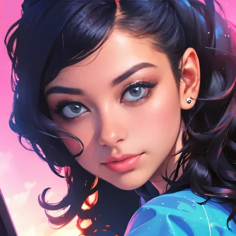 1girl, colorful theme, synthwave sky,(best quality, high quality, high resolution), realistic, ultra-detailed, highly detailed face features, absurdres,  realistic lighting and reflections, highly detailed face features, see through shirt, best photo,high ...