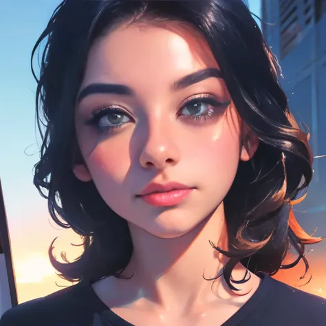 1girl, colorful theme, synthwave sky,(best quality, high quality, high resolution), realistic, ultra-detailed, highly detailed face features, absurdres,  realistic lighting and reflections, highly detailed face features, see through shirt, best photo,high ...