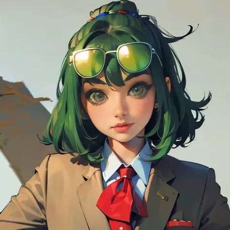 masterpiece, best_quality, 1girl, solo, gumi, school uniform, red eyewear on head,