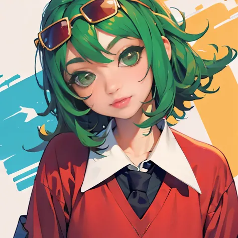 masterpiece, best_quality, 1girl, solo, gumi, school uniform, red eyewear on head,