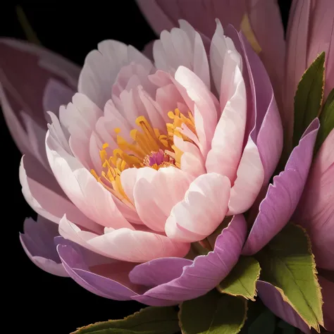 embroidered super macro closeup photo of a peonie, holographic thread, colorful overlapping petals, opulent, bright, detailed, ultra realistic, extremely detailed petals, super intricate details, backlight, hyperrealistic