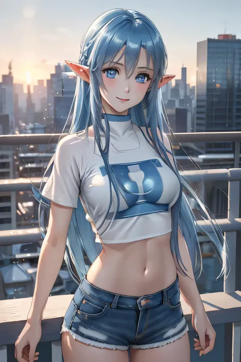 close up 1girl in, photo of Asuna, Yuuki Asuna, Solo, (straight blue hair, very long blue hair, (blue eyes: 1.2), (perfect clear skin, pale skin, detailed skin, medium breasts, round breasts, perfect body, skinny, thin), (thin hips, thin waist: 1.25), neut...