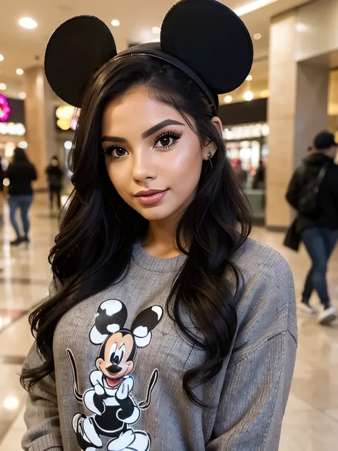 a close up of a person wearing a hat, sexy face with full makeup, estefania villegas burgos, discord moderator, mickey mouse ears, grey sweater, at a mall, !updo hair, 2 , super cute and friendly, no watermarks, justina blakeney, beautiful alluring women, ...