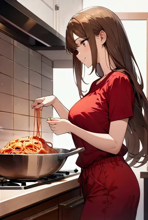 masterpiece, ultra detailed, best quality, illustrations, detailed Beautiful anime girl, detailed kitchen scenery, standing up, preparing delicious spaghetti, detailed brown hair, long hair, detailed brown eyes, detailed sweet look, sweet smile, detailed b...