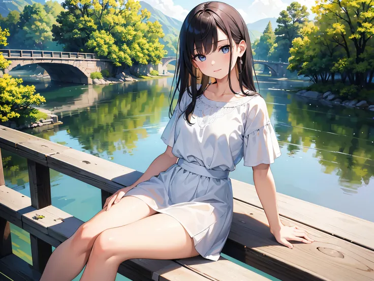 masterpiece: 1.5, Realistic human images, Realistic: 1.2, The subject is looking at the river、super high quality, Very detailed, Perfect drawing, And soul, Charming, and a girl, Sitting, Near the river, On Bridge, Beautiful natural environment, Detailed fa...