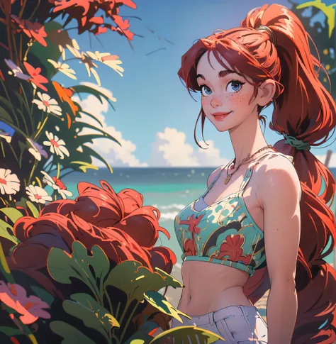 (masterpiece, best quality), 1girl, collarbone, wavy hair, looking at viewer, blurry foreground, upper body, necklace, contemporary, plain pants, ((intricate, print, pattern)), ponytail, freckles, red hair, dappled sunlight, smile, happy,