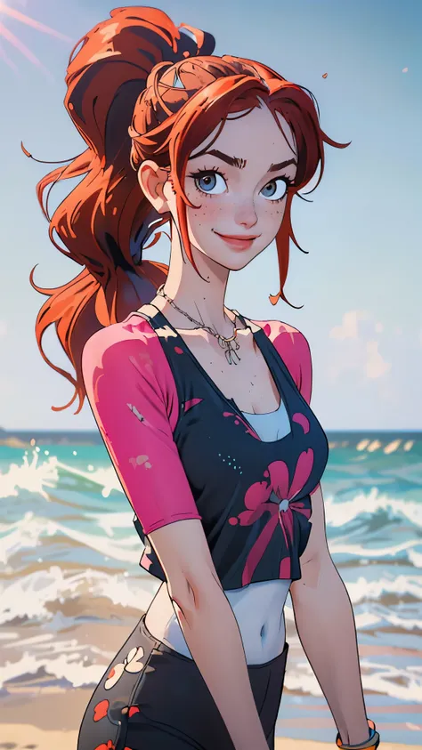 (masterpiece, best quality), nami (one piece), white tank top, collarbone, wavy black hair, looking at viewer, blurry foreground, upper body, necklace, contemporary, plain pants, ((intricate, print, pattern)), ponytail, freckles, red hair, dappled sunlight...