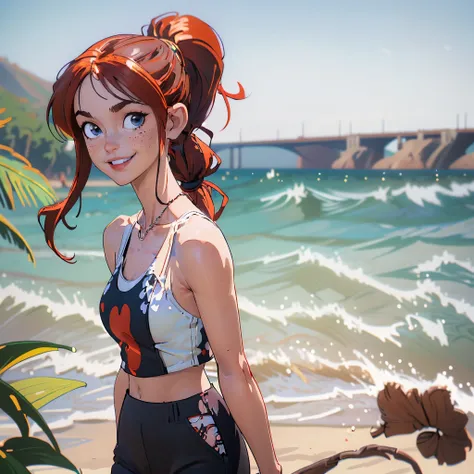 (masterpiece, best quality), nami (one piece), white tank top, collarbone, wavy black hair, looking at viewer, blurry foreground, upper body, necklace, contemporary, plain pants, ((intricate, print, pattern)), ponytail, freckles, red hair, dappled sunlight...