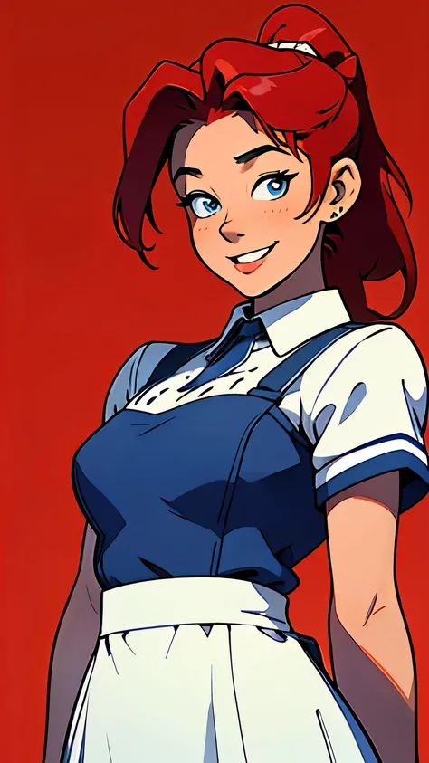 masterpiece, best quality, half body, highest image quality, waitress, looks like Olivia Dunne, bright red hair, ponytail, blue eyes, smiling, large breasts, wearing a waitress uniform, red apron, White background, empty background