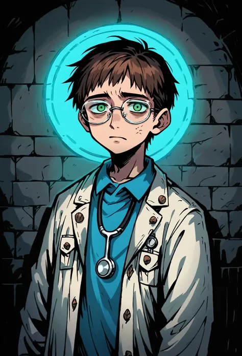 Medium close-up of boy, short brunette hair, wavy fringe hairstyle. 30 years old. Tired with stubble and soft round face. Weary face, slightly unkempt. Stethoscope on shoulder. Round brown oversized glasses. Detailed green eyes and bored expression, lookin...