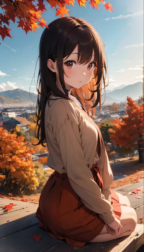 The ground is full of red leaves　Brown Hair、Autumn Dresses、Kind Face、Warm lighting　Japanese anime style　Shortcuts　There are many autumn leaves on the ground at dusk　The background is mountains and autumn leaves　Autumn leaves are falling