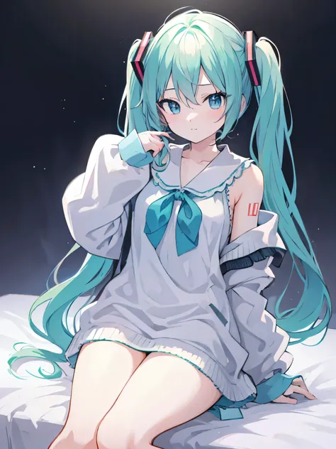 hatsune miku sitting on a bed, thick thighs, smooth skin, warm lighting