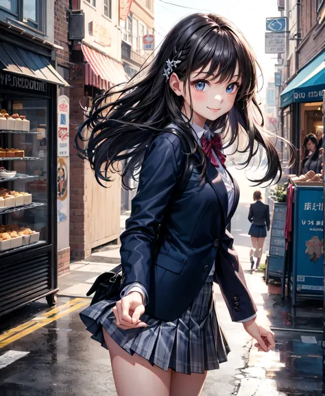 very cute and beautiful girl,teen,(highly detailed beautiful face and eyes),
(blue blazer , pleated mini skirt),standing in front of cake shop show window,
(smile:1.2),cowboy shot,holding school bag,hair pin,black hair,downtown street,
(best quality,master...