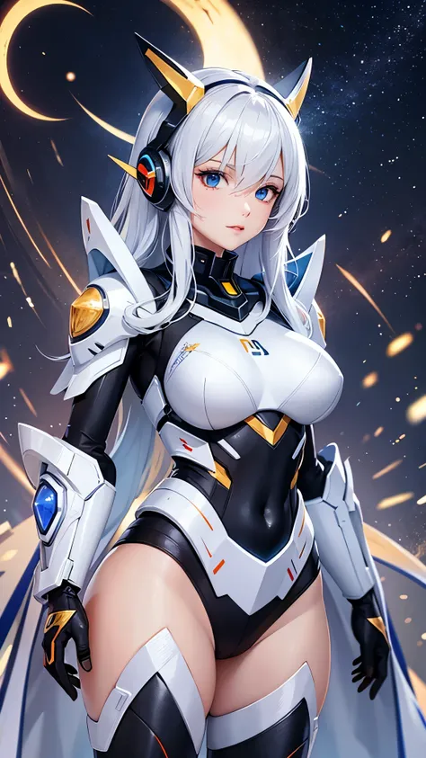 (White, smooth armor,Gold accents),Female Mecha,State-of-the-art technology,Department of Optics, Milky Way,