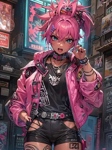 ((Best Quality)),(Ultra-high resolution),(Super detailed),(Detailed Description),((The best CG)),(masterpiece),Highly detailed art,(Art with precise detail:1.5), Punk rock musicians,Bright pink hair,Wild Styling,Black eyeliner,Bright emerald eyes,Earrings,...