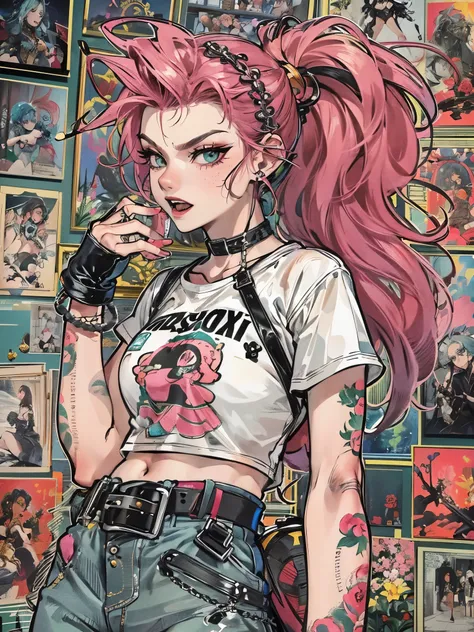 ((Best Quality)),(Ultra-high resolution),(Super detailed),(Detailed Description),((The best CG)),(masterpiece),Highly detailed art,(Art with precise detail:1.5), Punk rock musicians,Bright pink hair,Wild Styling,Black eyeliner,Bright emerald eyes,Earrings,...