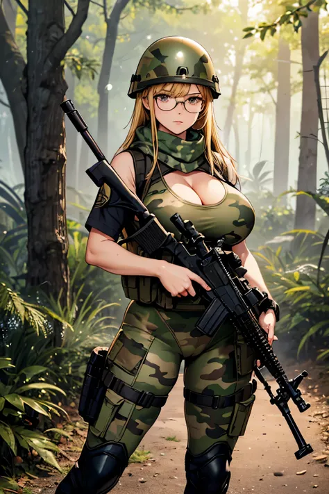 Woman, (hold a huge assault rifle:1.2), (rifle in hands:1.1), (detailed assault rifle:1.2), (war helmet:1.1), (camouflage clothes:1.1), (best image), (sexy female), (tactical vest:1.1), (athletic leg), (holster:1.2), car in tge backgorund, (heavy boot:1.1)...