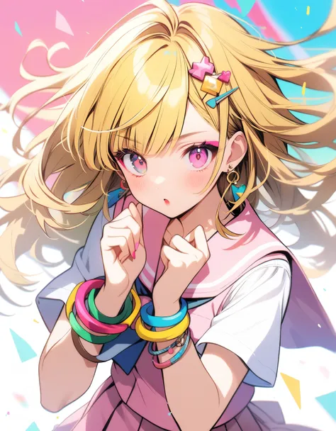 girl in pink school uniform, yellow hair, bright makeup, hairpins, big earrings. lots of bracelets
