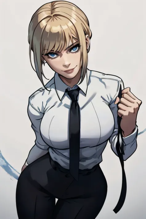 girl with short blonde hair, blue eyes, wearing a white dress shirt, breasts, with a black tie, defined body, wearing black dres...