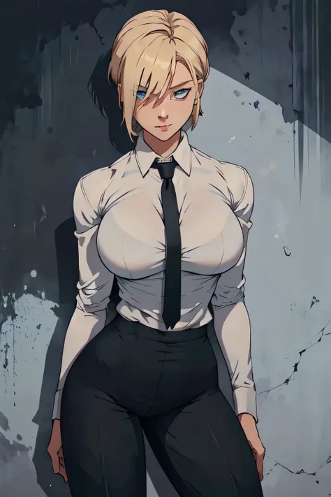 girl with short blonde hair, blue eyes, wearing a white dress shirt, breasts, with a black tie, defined body, wearing black dres...