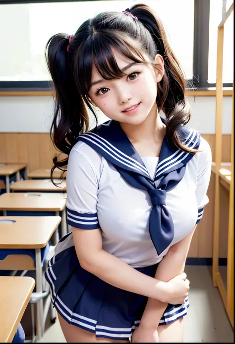 (Best Quality,masterpiece:1.3,Ultra-high resolution),(Very detailed、Caustics) (Realistic:1.4, RAW shooting、)Ultra-Realistic Capture、Very detailed、Natural skin texture、masterpiece、(Japanese girl wearing sailor uniform in high school classroom:1.3)、Hair blow...