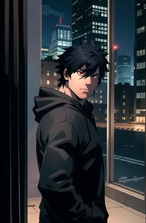 Masterpiece, Best Quality, Ultra-Detailed, 1man, solo, black hair, red eyes, blood eyes, black jacket, black hoodie, black hood, Curtain Bangs hairstyle, mullet, eyebags, dark eyebags, black coat, serious expression, looking at the viewer, city background