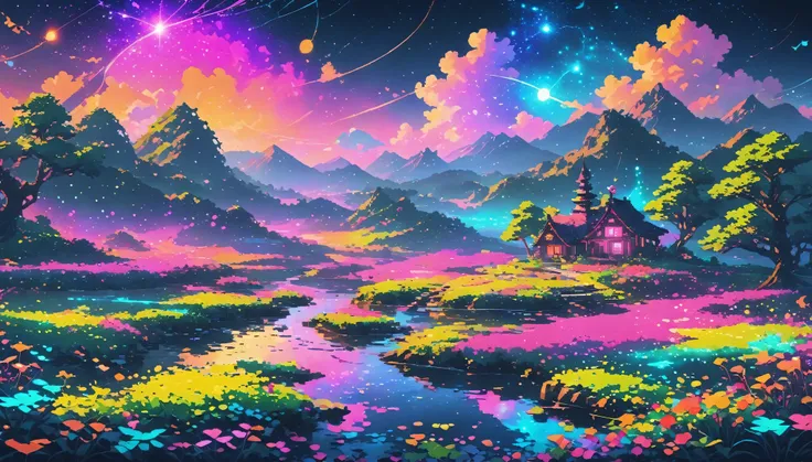 dark neon Magical Witch pixel ,nature ultrawide landscape, No people