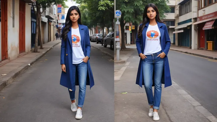 super resolution of 18 years indian beautiful girl in t shirt, jean, overcoat, shoes, standing, full body shot