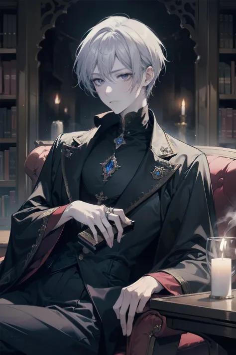 an edgy-looking prince sits alone in a dimly lit study, surrounded by towering bookshelves filled with ancient tomes. he has sha...