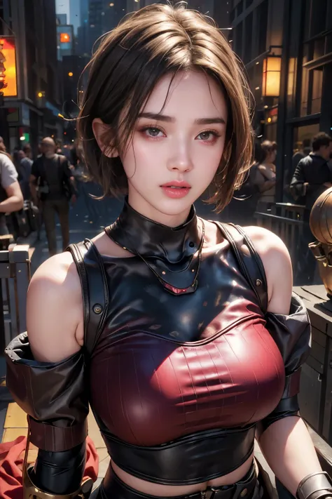 Best Quality, Realistic, photoRealistic, (Subtle details), (Cinematic Light, Super sexy short hair,Firm and bouncy bust with off-the-shoulder red mechanical breastplate,Cute face)