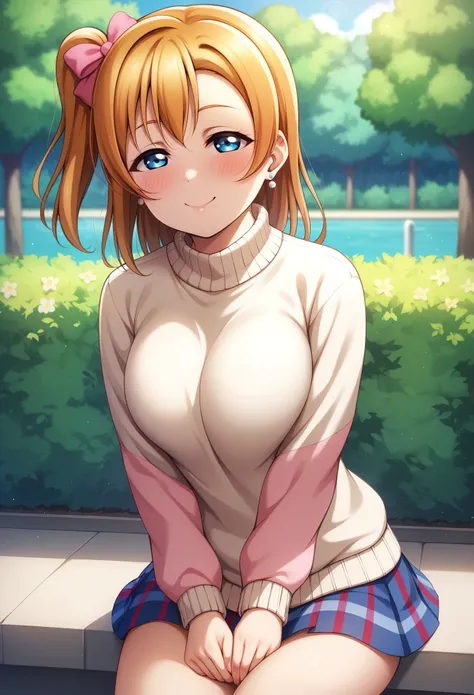 (Masterpiece, Best Quality, High Quality), anime style, love live,kousaka honoka love live, blue eyes, sweater ,8k wallpaper, looking at viewer, earrings, outdoors, erotic figure, half closed eyes ,(blushing:1.2) ,sitting , skirt, breasts squeezed together...