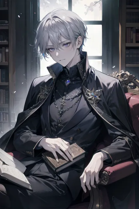 an edgy-looking prince sits alone in a dimly lit study, surrounded by towering bookshelves filled with ancient tomes. he has sha...