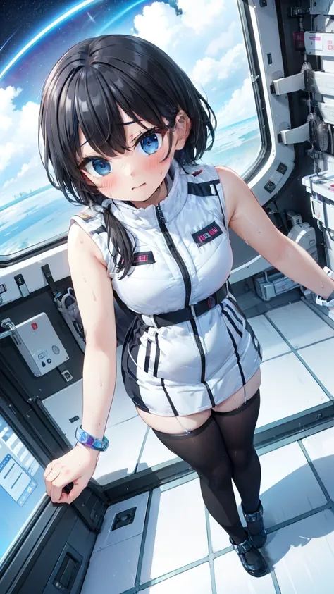 (Best Quality), (masterpiece), 1080P, High resolution, 4K, 8k, Inside the space station、Futuristic room、Thigh straps, Shooting from directly below, The woman on top of me, 白いsweat, Covered , sweat, Woman looking down, Skirt swimsuit, Thigh-high socks, To a...