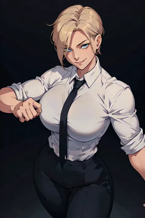 Girl with short blonde hair, blue eyes, wearing A white dress shirt, breasts, with a black tie, defined body, wearing black dress pants, defined waist, hips, collared shirt, Ripped white shirt Smiling in fighting position