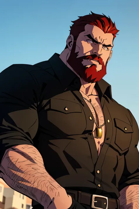 masterpiece, best quality, ultra-detailed, muscular, bearded, thick mustache, imposing man [intense look], intimidating presence...