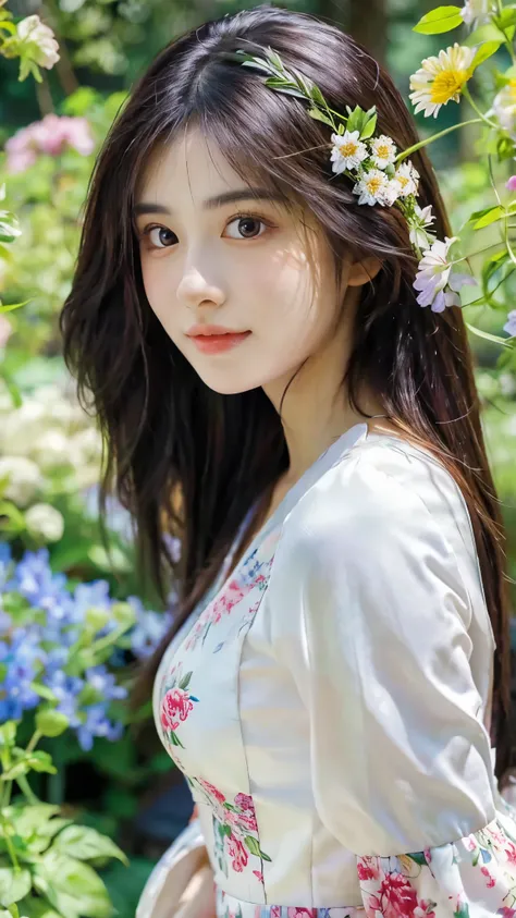 A beautiful and realistic image of a young woman standing in a lush garden filled with vibrant, blooming flowers. The sunlight gently filters through the trees, casting soft, natural light on her face. She has long, flowing hair and wears a simple yet eleg...