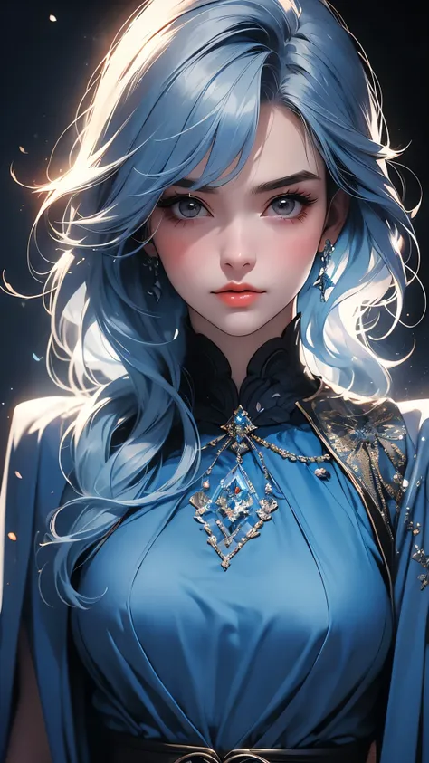 ((Masterpiece)), envision a 8k, highres, cinematic, extremely beautiful semi realistic close up portrait of a strong mature lady with a slender body, light blue hair, side locks, strong face, slender face, long sweeping bangs, brown eyes, soft lips, lip gl...