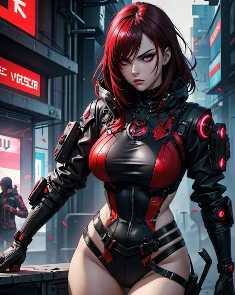 une fille, manga, agressive, regard hypnotisant, magnificent, cyberpunk dressed, sexy, badass, powerful, epic, firey, aesthetic,...