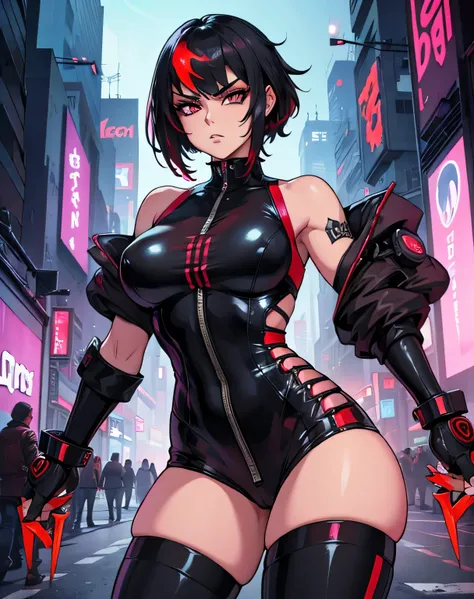 Magnificent, une fille, manga, agressive, regard hypnotisant, Magnificent, cyberpunk dressed, sexy, badass, powerful, epic, firey, aesthetic, red and black colors