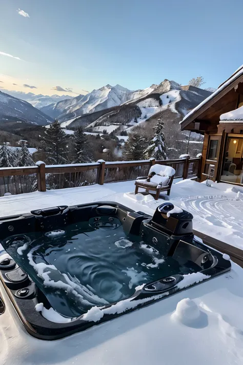 Luxury house in the mountains with hot tub in the snow 

