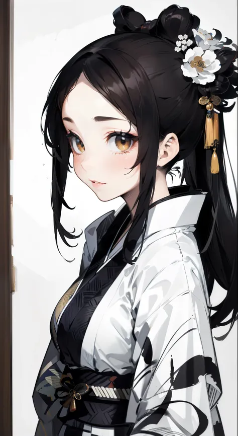 Wait warrior sexy, pretty face, Delicious Company, Alluring figure, Wearing a sexy open kimono. The artwork is created in a medium reminiscent of Japanese ink paintings....., Features bold brushstrokes and a Monochromatic color palette. artist'Masterfu...