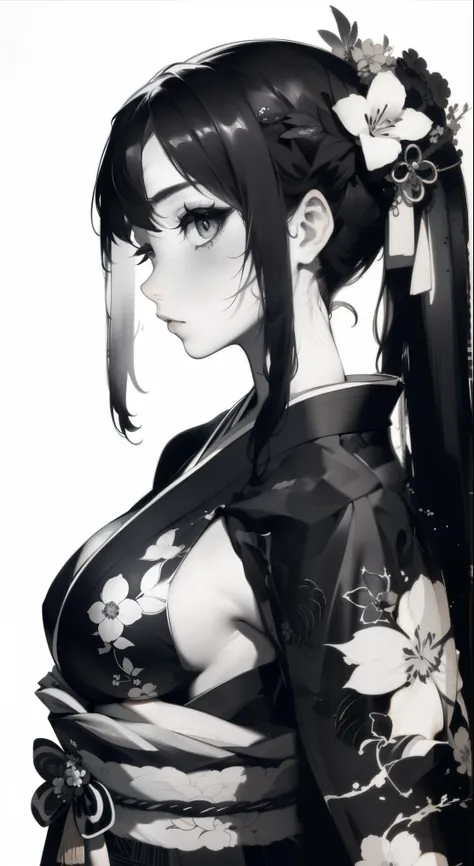 Wait warrior sexy, pretty face, Delicious Company, Alluring figure, Wearing a sexy open kimono. The artwork is created in a medium reminiscent of Japanese ink paintings....., Features bold brushstrokes and a Monochromatic color palette. artist'Masterfu...