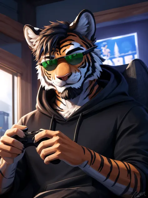 ((Ultra High Quality)), ((masterpiece)), ((Ultra detailed)), ((4k)). Anthro, Wolf, Tiger Stripe, Light Blue Fur, Black Color Short Hair, Beard, Handsome, Good Looking, Green Eyes, (Eyes Details), Middle Ages, Pose Gaming, Black Hoodies, Black Shirt, Wearin...