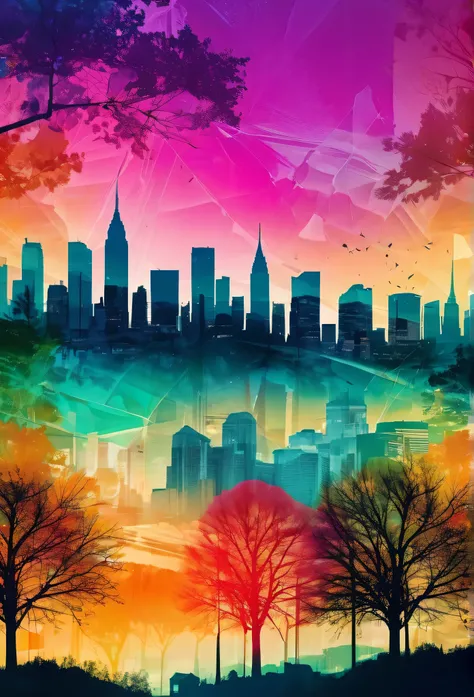 best quality,highres,ultra-detailed,realistic,double exposure,mixed media,contrast,blend,transparency,dreamy atmosphere,vibrant colors,detailed outlines,cityscape,nature elements,urban silhouette,trees and buildings,hybrid,urban and natural,seamless blendi...