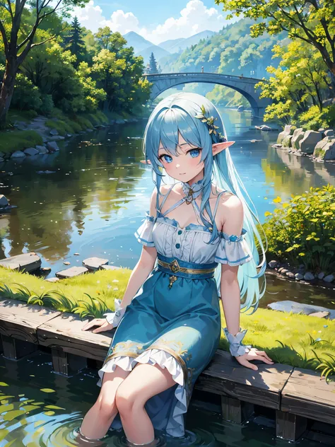 masterpiece: 1.5, Realistic human images, Realistic: 1.2, The subject is looking at the river、super high quality, Very detailed, Perfect drawing, And soul, Charming, Elf Girl, Sleeping, Near the river, On Bridge, Beautiful natural environment, Detailed fac...