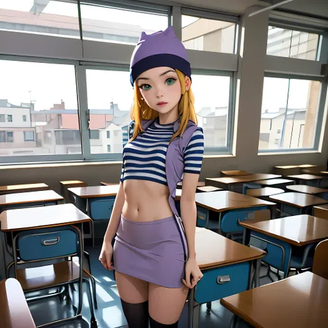 (masterpiece, best quality), 1girl, izumi orimoto, indoors, classroom, green eyes, blonde hair, long hair, purple beanie, purple...