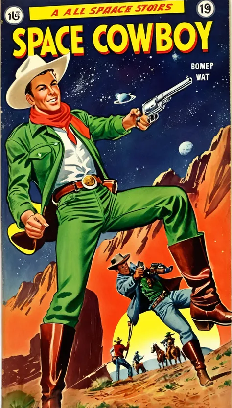 a cover for a comic book, a comic book cover about all space cowboy, 1 cowboy wearing a hat in the style of amazing stories, 1940s 1950s, red and green, comic art, realistic genre scenes, romanticized realism dynamic