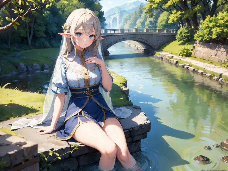 masterpiece: 1.5, Realistic human images, Realistic: 1.2, The subject is looking at the river、super high quality, Very detailed, Perfect drawing, And soul, Charming, Elf Girl, Sleeping, Near the river, On Bridge, Beautiful natural environment, Detailed fac...