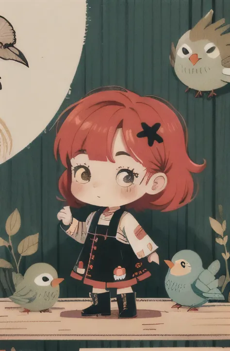 (chibi:1.2), stitched bird doll, rock and roll outfit, rockabilly wig and curled hair and high boots, talking to the same bird, large stitches are visible, in the style of woodcut graphics, woodcut raster, hatching, woodcut, ninocut, copperplate, beautiful...