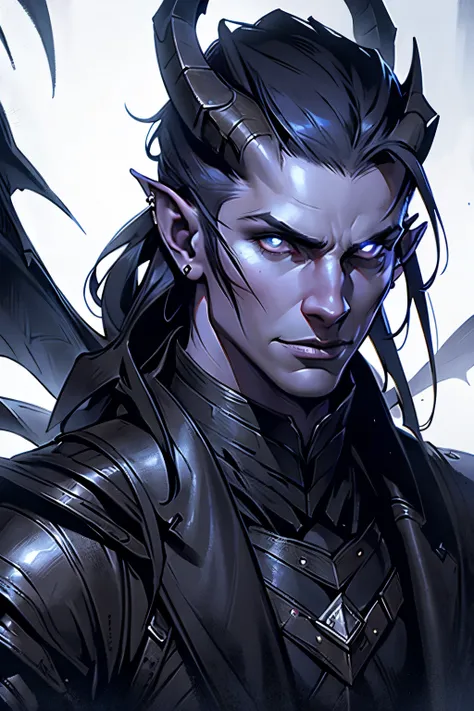 realistic portrait of an unflappable and analytical tiefling, master of psychological manipulation techniques, combining magic and physical torture, intricate facial features, piercing eyes, sharp nose, detailed lips, high cheekbones, expressive face, eleg...